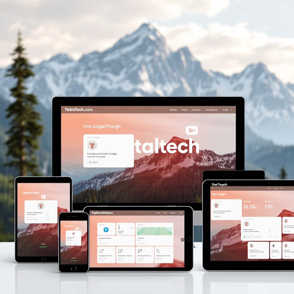 Moderné digitálne rozhranie TatraTech platformy zobrazené na rôznych zariadeniach s pozadím slovenských Tatier, ilustrujúce bezpečné a intuitívne používanie technológií