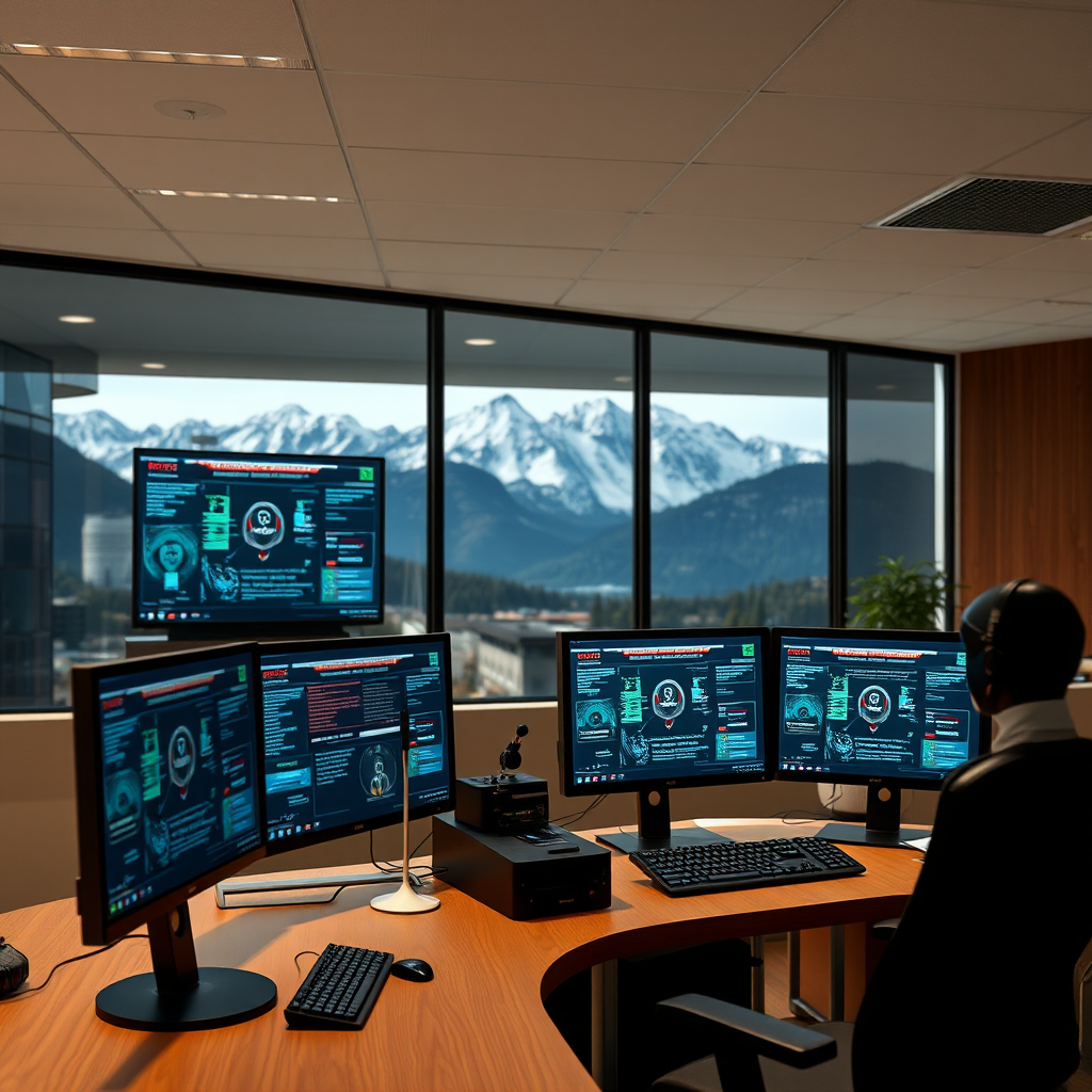 Moderná kancelária s počítačmi a bezpečnostnými monitormi zobrazujúcimi kybernetické hrozby, v pozadí slovenské Tatry symbolizujúce stabilitu a ochranu