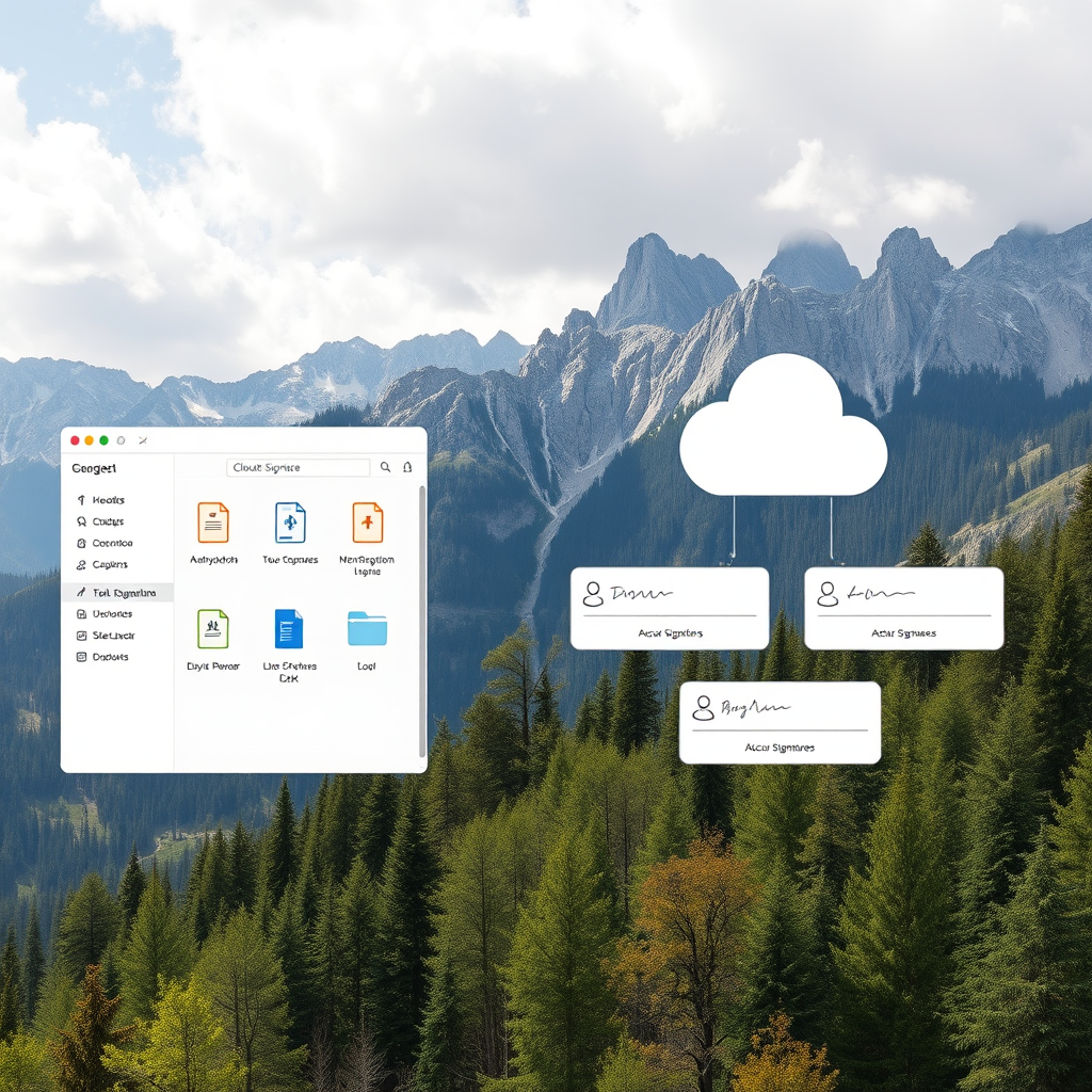 Moderné rozhranie systému správy dokumentov s organizovanými priečinkami, digitálnymi podpismi a cloudovým úložiskom na pozadí slovenských Tatier