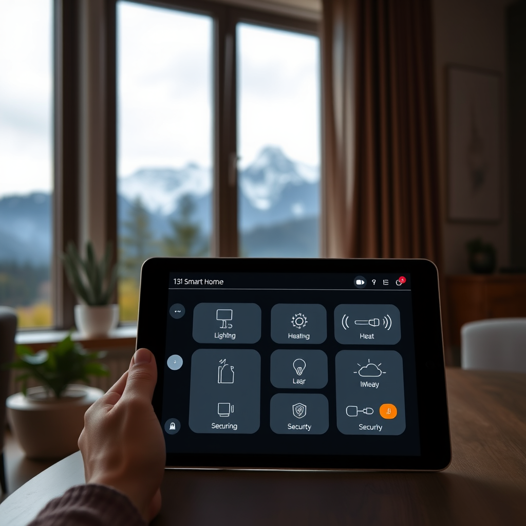 Moderné smart home rozhranie zobrazujúce ovládanie osvetlenia, kúrenia a bezpečnostných systémov na tablete v slovenskom domove s Tatra horami v pozadí