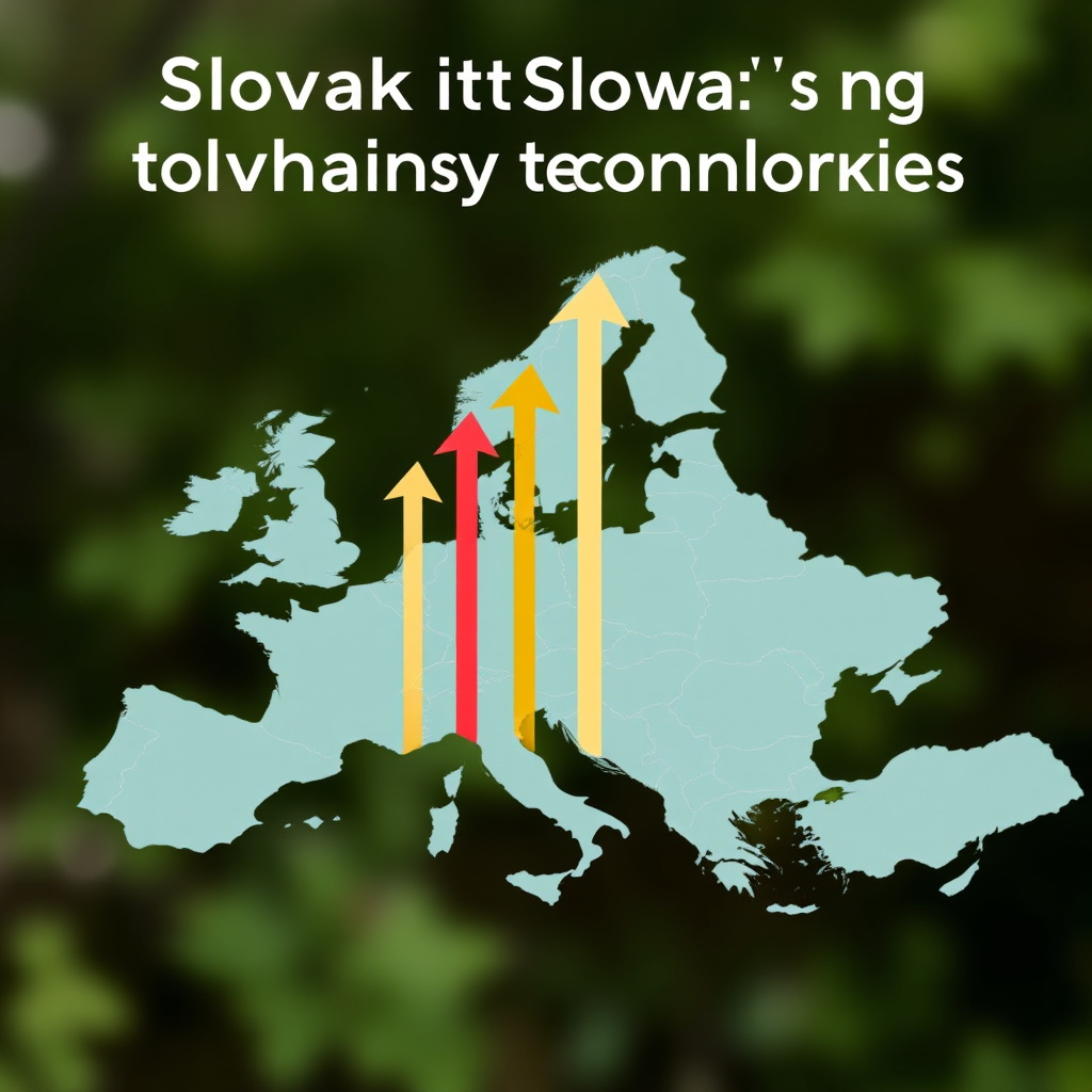 Grafické znázornenie rastu slovenských technologických firiem s mapou Európy a rastúcimi šípkami