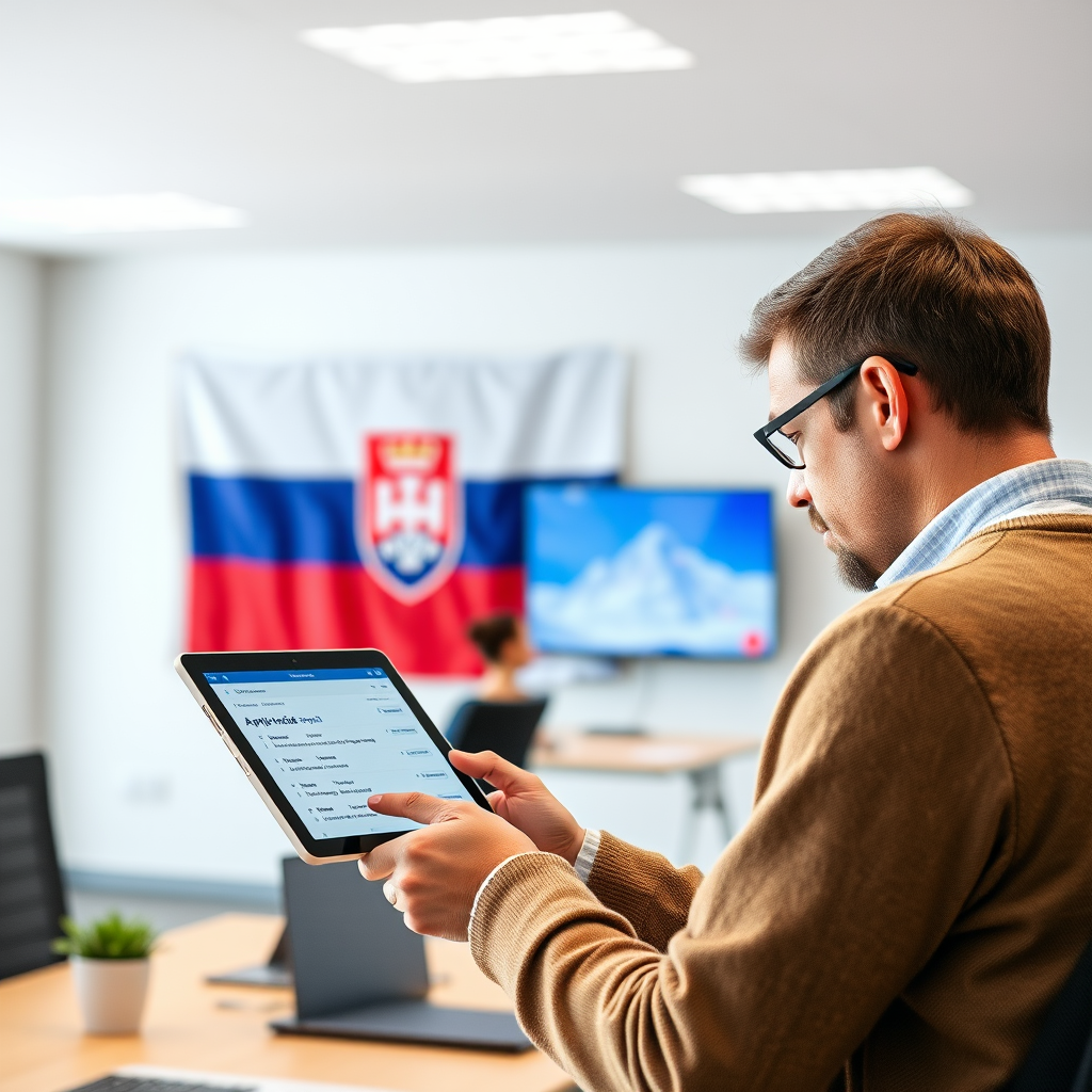 Občan používajúci tablet na podanie žiadosti online, v pozadí slovenská vlajka a moderné úradné prostredie s digitálnymi displejmi