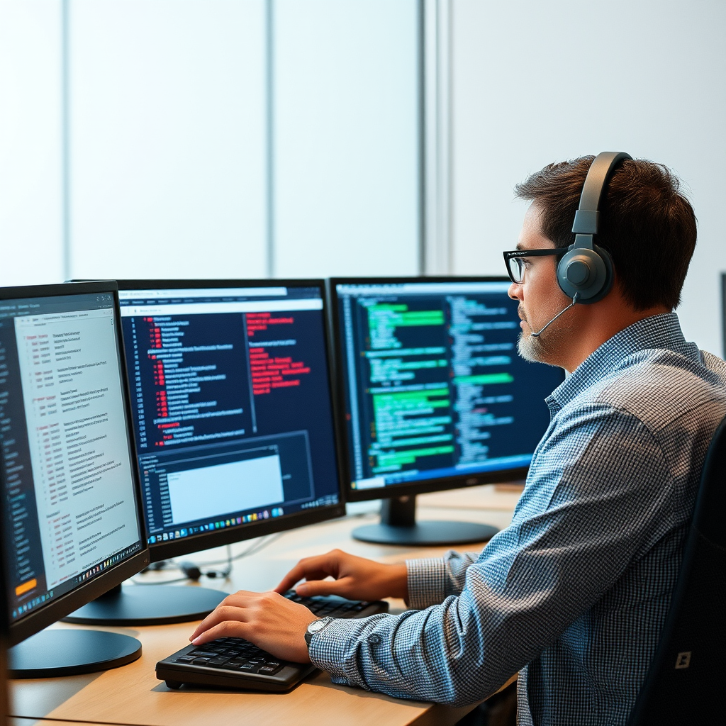 IT expert analyzujúci bezpečnostné logy na viacerých monitoroch, zobrazujúci detekciu kybernetických hrozieb a malware