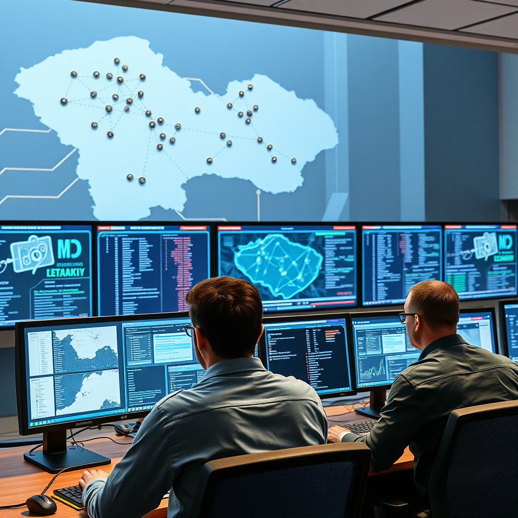 Bezpečnostné centrum s monitormi zobrazujúcimi kybernetickú bezpečnosť, technici sledujúci digitálne toky dát, v pozadí mapa Slovenska s bezpečnostnými uzlami