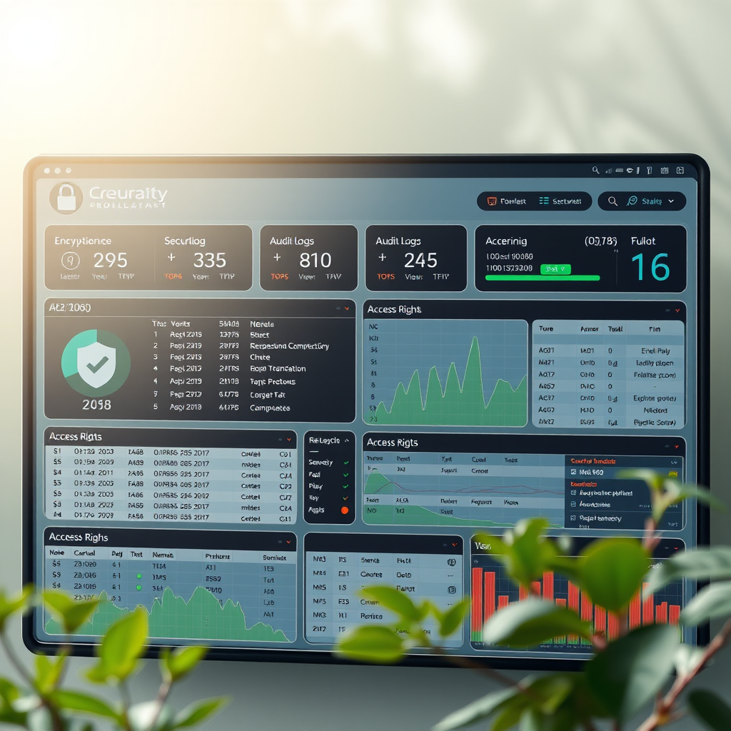 Bezpečnostný dashboard zobrazujúci šifrovacie protokoly, audit logy, prístupové práva a monitoring bezpečnostných udalostí v reálnom čase