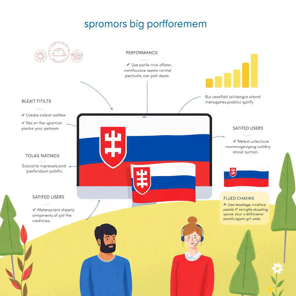 Ilustrácia výhod komunikačnej platformy s grafmi výkonnosti, spokojnými používateľmi a slovenskou vlajkou