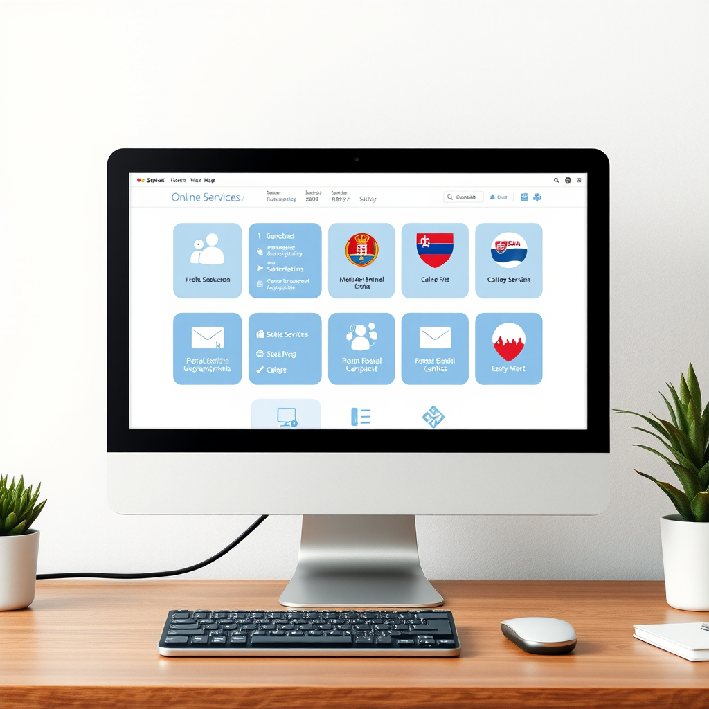Digitálna transformácia verejnej správy s moderným počítačom zobrazujúcim online služby a slovenské symboly