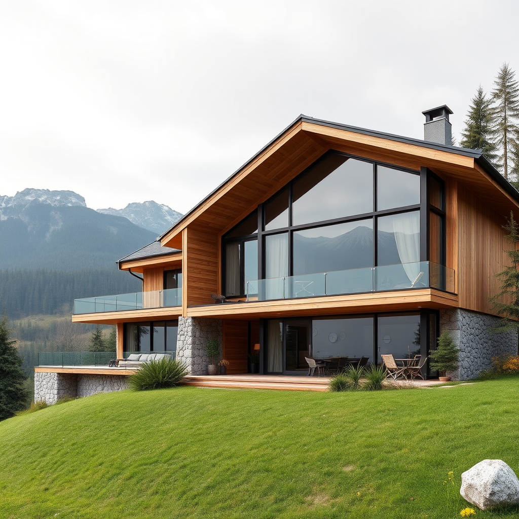 Luxusná vila v Tatrách s pokročilým smart home systémom, drevená fasáda a panoramatické okná s výhľadom na Vysoké Tatry